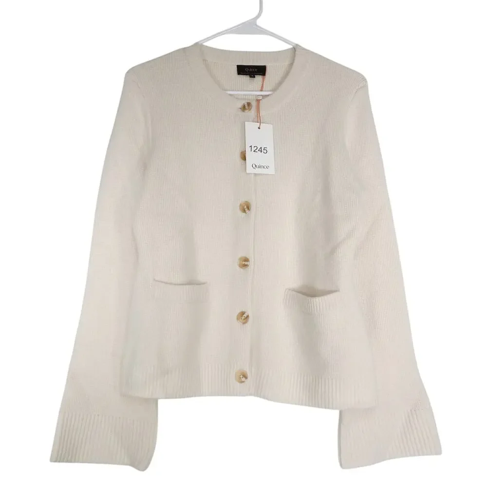 New Quince Small Mongolian Cashmere Button Up Structured Cardigan Sweater Ivory